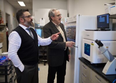 Dr. Alejandro Villagra and Dr. Anatoly Dritschilo at Georgetown University School of Medicine immunology lab.